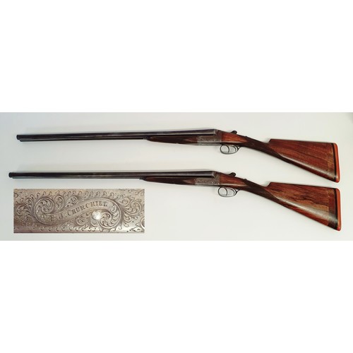 274 - A pair of E J Churchill 20 bore double barrel shotguns, with walnut stocks, in a fitted case. Proven... 