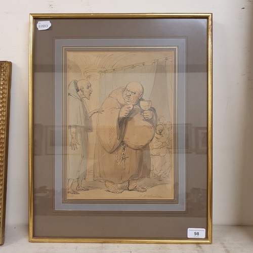 98 - T Rowlandson, cartoon of a monk, watercolour, signed, 33 x 23 cm