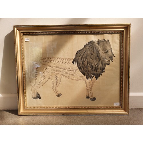 201 - English school, 19th Century, study of a Lion, in calligraphy, ink and wash, 49 cm x 64 cm. Please n... 