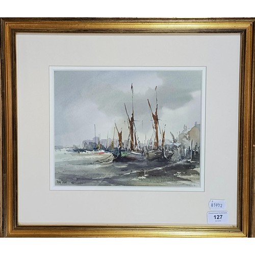 127 - Peter Toms, harbour scene, watercolour, signed, 21 x 27 cm