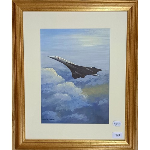 130 - Patricia Forrest, Above The Clouds, Concorde in flight, gouache, signed, 33 x 24 cm