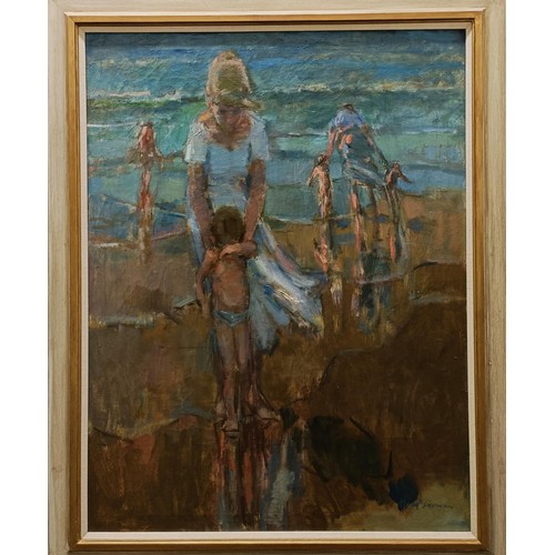 215 - English school, seaside scene with a mother and child, oil on canvas, indistictly signed, 102 x 78 c... 