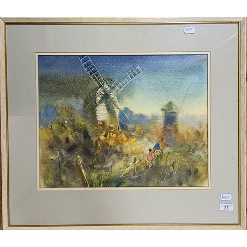 91 - Margaret Milnes, landscape with a windmill and figures, watercolour, signed and dated '82, 38 x 50 c... 