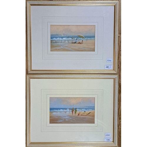 135 - David Short, beach scene with figures, gouache, signed, 13 x 24 cm, and its pair (2)