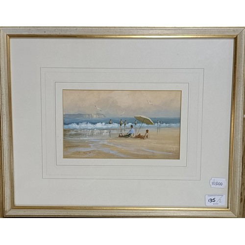 135 - David Short, beach scene with figures, gouache, signed, 13 x 24 cm, and its pair (2)