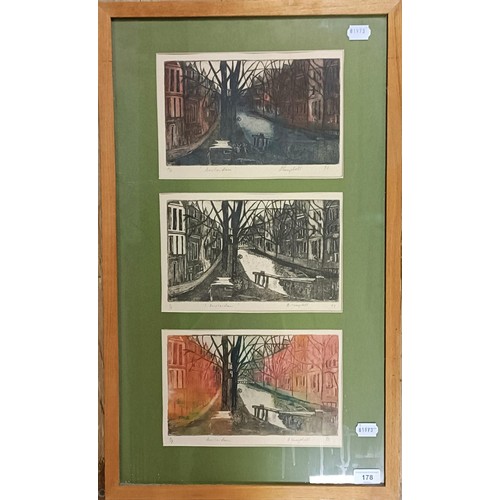 178 - D C Campbell, a set of three prints, canal scenes, framed as one