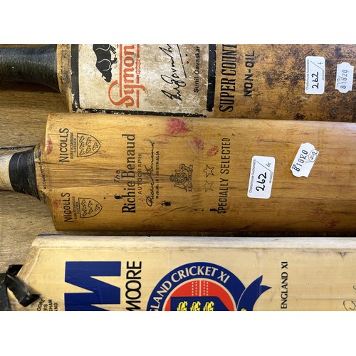 262 - A Gunn & Moore cricket bat with signatures, and three vintage cricket bats (4)