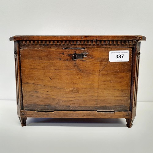 387 - A Dutch table top collectors cabinet, the fall front to reveal six drawers, 27 cm wide,