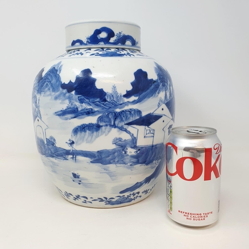 3 - A Chinese blue and white ginger jar, decorated a landscape with a building, character mark to base, ... 