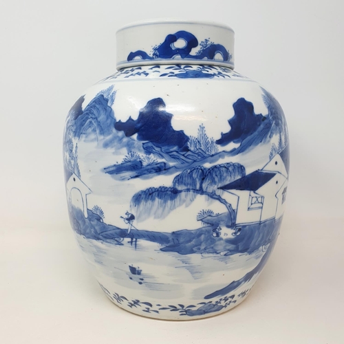 3 - A Chinese blue and white ginger jar, decorated a landscape with a building, character mark to base, ... 