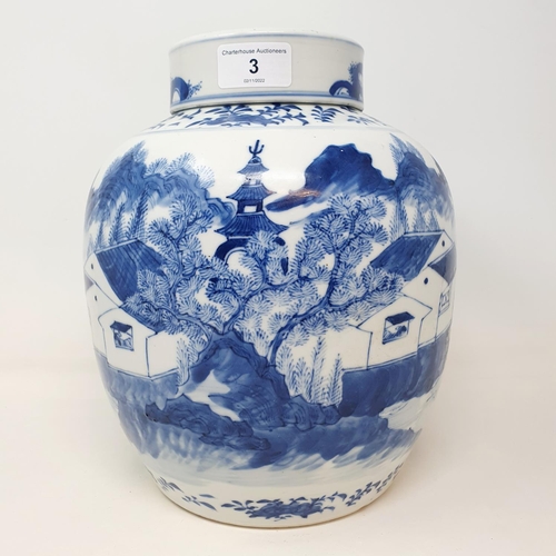 3 - A Chinese blue and white ginger jar, decorated a landscape with a building, character mark to base, ... 