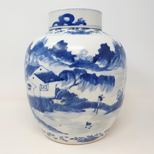 3 - A Chinese blue and white ginger jar, decorated a landscape with a building, character mark to base, ... 