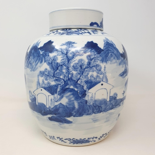 3 - A Chinese blue and white ginger jar, decorated a landscape with a building, character mark to base, ... 