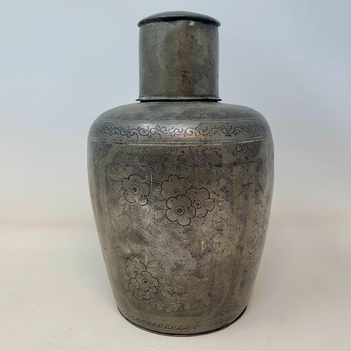 57 - A Chinese pewter caddy, decorated flowers, 24 cm high