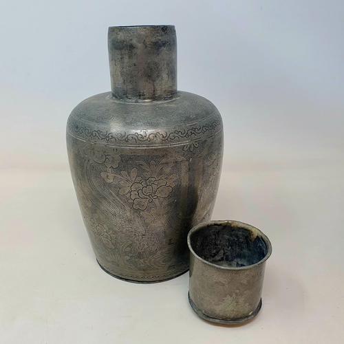 57 - A Chinese pewter caddy, decorated flowers, 24 cm high