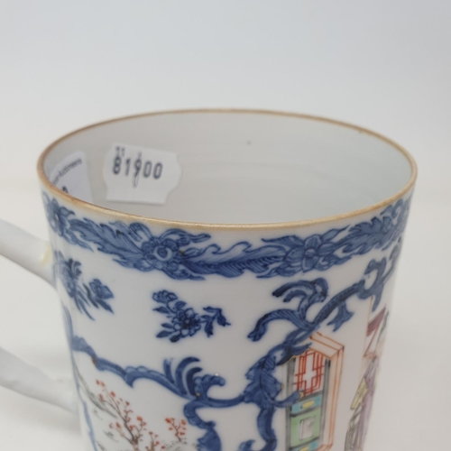 59 - A Chinese export ware mug, decorated figures, 12 cm high  
Provenance:  From a Dorset collection