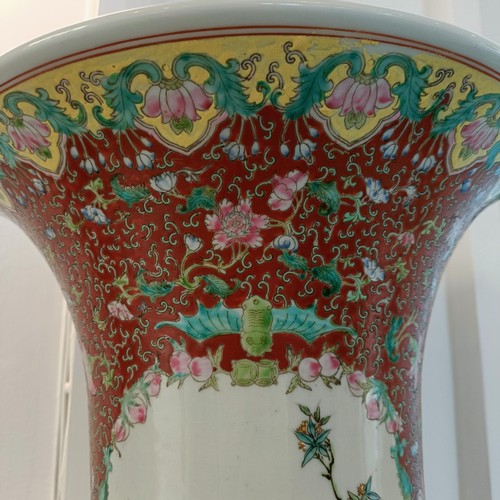 41 - A large pair of Chinese floor vases, of baluster form, decorated flowers and birds in enamel colours... 