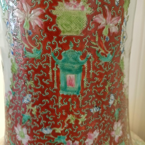 41 - A large pair of Chinese floor vases, of baluster form, decorated flowers and birds in enamel colours... 