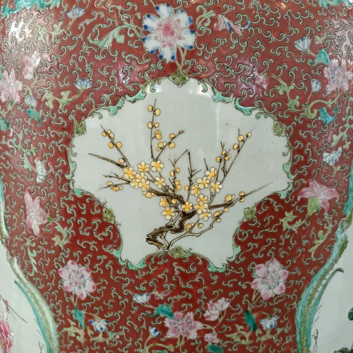 41 - A large pair of Chinese floor vases, of baluster form, decorated flowers and birds in enamel colours... 