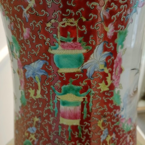 41 - A large pair of Chinese floor vases, of baluster form, decorated flowers and birds in enamel colours... 