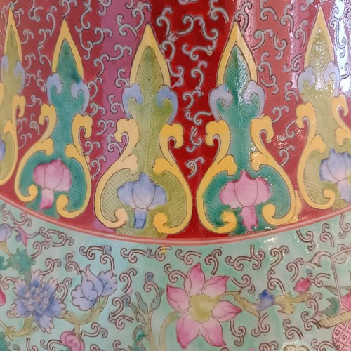 41 - A large pair of Chinese floor vases, of baluster form, decorated flowers and birds in enamel colours... 