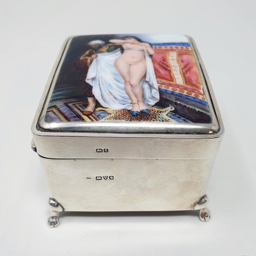 680 - A George V silver and enamel table cigarette box, the top decorated an erotic scene, Chester 1926, 9... 