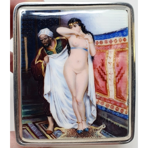 680 - A George V silver and enamel table cigarette box, the top decorated an erotic scene, Chester 1926, 9... 