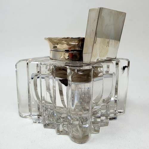 596 - A glass and silver combination inkstand and match holder, Mappin & Webb, Birmingham 1910, 11 cm high