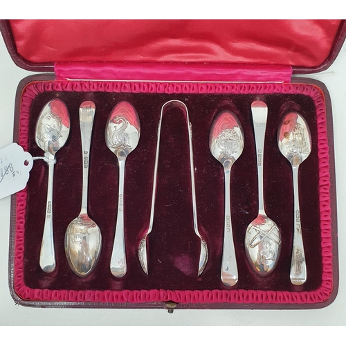 688 - A set of six picture back spoons, with matching sugar tongs, including a dolphin and fox hunting, Sh... 