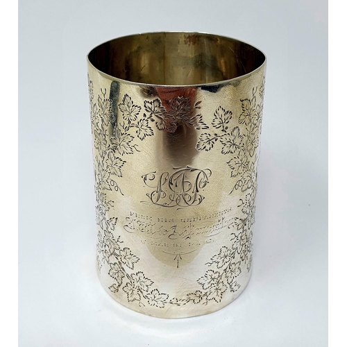 662 - A late Victorian silver christening mug, of tapering cylindrical form, initialled, inscribed and dat... 