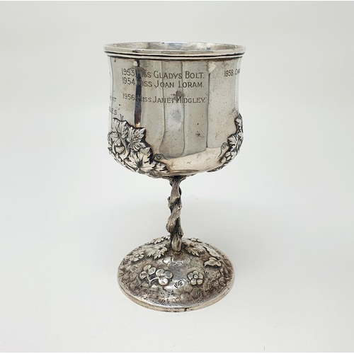 647 - A Chinese silver coloured metal goblet, inscribed Teignmouth Hard Court Tennis Tournament Ladies Han... 