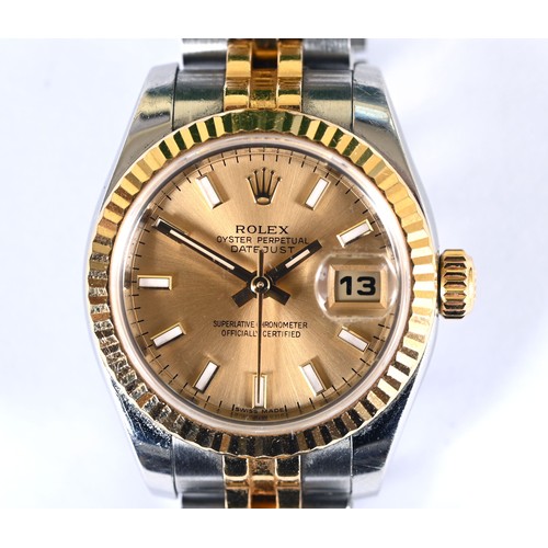 752 - A ladies stainless steel and gold Rolex Oyster Perpetual Datejust wristwatch, with a champagne dial ... 