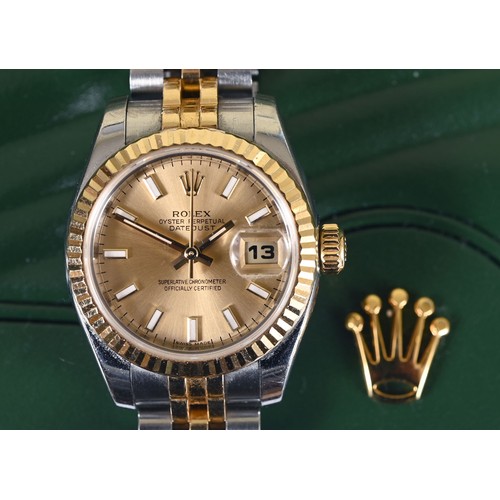 752 - A ladies stainless steel and gold Rolex Oyster Perpetual Datejust wristwatch, with a champagne dial ... 