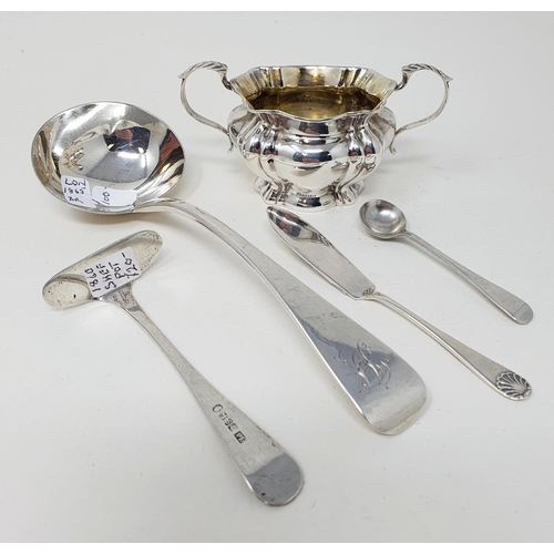 438 - A Victorian silver Old English pattern sauce ladle, London 1865, a salt and spoon, a baby's push and... 