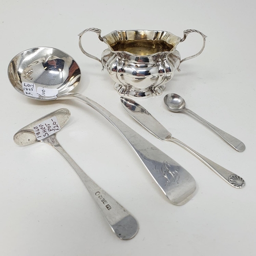 438 - A Victorian silver Old English pattern sauce ladle, London 1865, a salt and spoon, a baby's push and... 