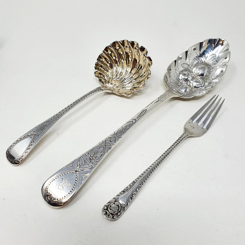 445 - A George IV silver spoon, later embossed with berries, a sifter spoon and a pickle fork, various dat... 