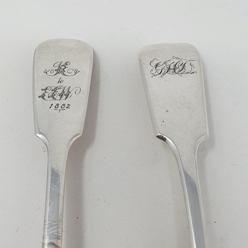 448 - An early Victorian fiddle pattern serving spoon, Exeter 1844, and another silver fiddle pattern serv... 