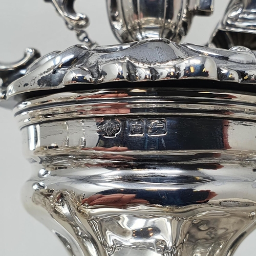 449 - An Edward VII silver desk stand, center bowl with a miniature chamber stick, flanked by cut glass in... 