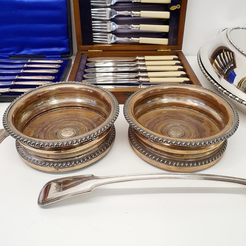 546 - A pair of 19th century silver plated wine coasters, and other assorted silver plate (box)