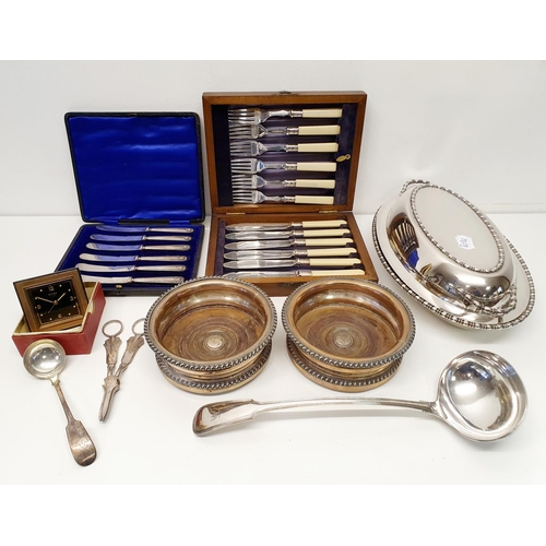 546 - A pair of 19th century silver plated wine coasters, and other assorted silver plate (box)