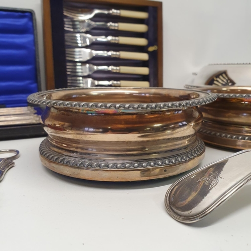 546 - A pair of 19th century silver plated wine coasters, and other assorted silver plate (box)