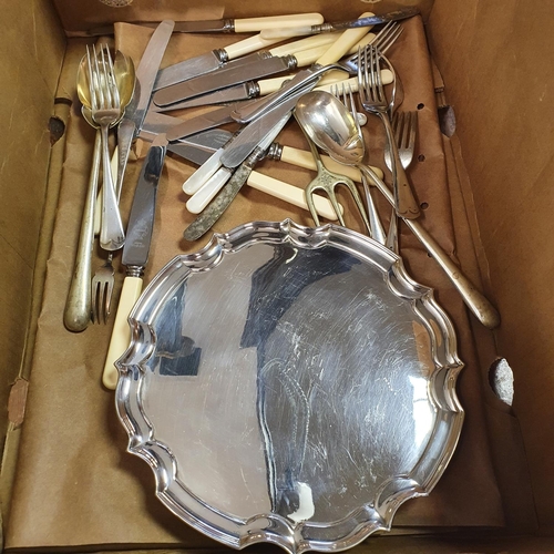 546 - A pair of 19th century silver plated wine coasters, and other assorted silver plate (box)