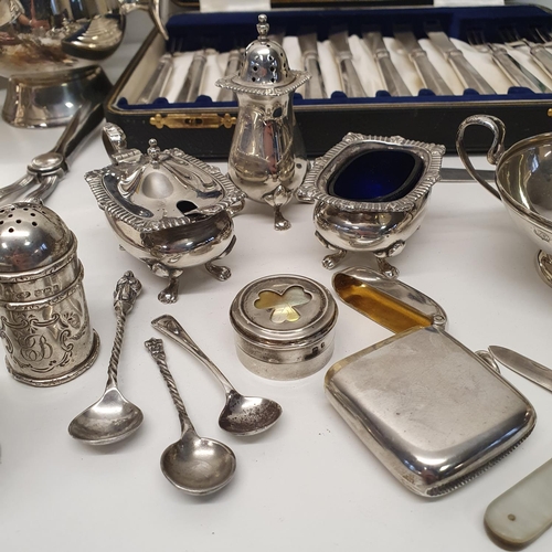 548 - A George V silver vesta, a silver three piece cruet, assorted silver, weighable 8.1 ozt, and assorte... 