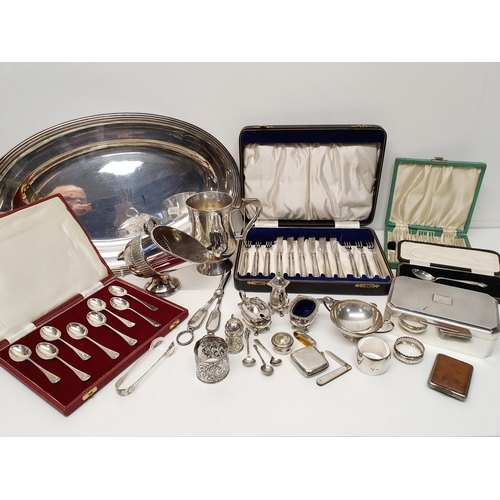 548 - A George V silver vesta, a silver three piece cruet, assorted silver, weighable 8.1 ozt, and assorte... 