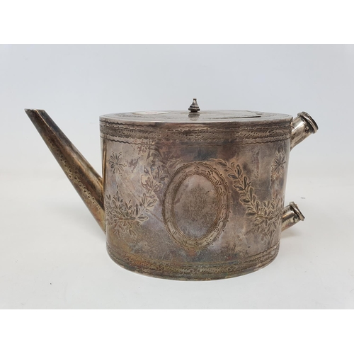 564 - A Victorian oval silver teapot, with engraved decoration, London 1869, 12.3 ozt, lacks handle