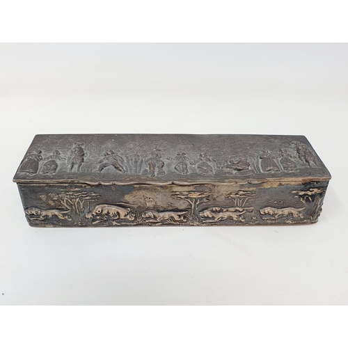 575 - A late Victorian rectangular silver box, the lid embossed figures, the sides boar hunting, and the u... 