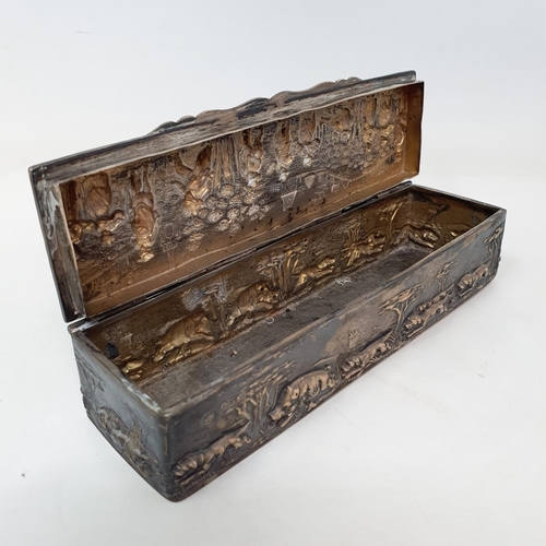 575 - A late Victorian rectangular silver box, the lid embossed figures, the sides boar hunting, and the u... 