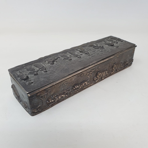 575 - A late Victorian rectangular silver box, the lid embossed figures, the sides boar hunting, and the u... 