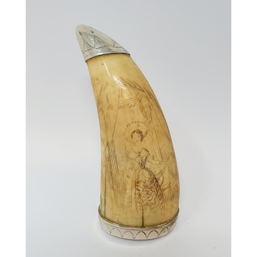 616 - An early 19th century scrimshaw, converted to a snuff mull, with silver coloured metal mounts, decor... 