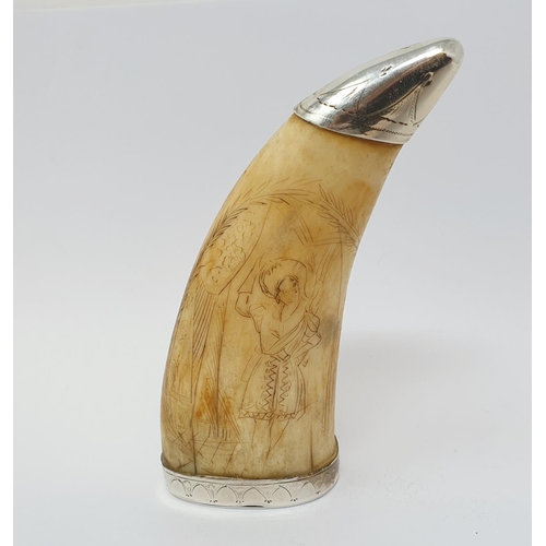 616 - An early 19th century scrimshaw, converted to a snuff mull, with silver coloured metal mounts, decor... 